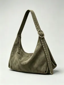 Olive green suede shoulder bag for women, stylish hobo tote with metal buckle and stud strap.