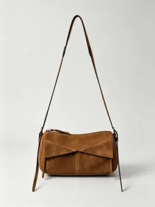 Brown genuine leather shoulder bag for women, stylish French commuter crossbody handbag with flap.