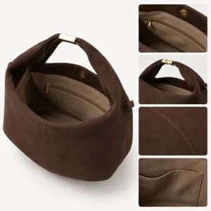 Brown suede hobo shoulder bag for women, elegant commuter dumpling handbag with zipper pocket.