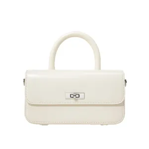 Elegant cream white leather handbag, minimalist top handle crossbody bag for women