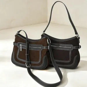 Sac Aisselles en Cuir Véritable pour Femmes Rétro Daim Patchwork Sac Bandoulière Sac à Main Décontracté