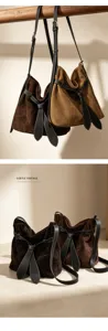 Brown suede shoulder bag detail showing the elegant strap knot and premium textured fabric.
