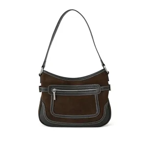 Sac porté épaule en cuir daim marron foncé pour femme avec coutures blanches contrastées.