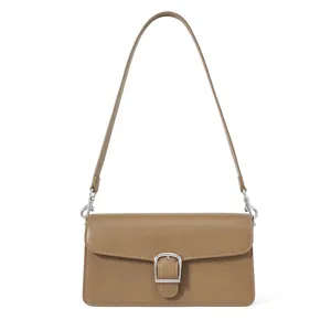 Minimalist khaki shoulder bag for women, stylish commuter crossbody bag with metal buckle.
