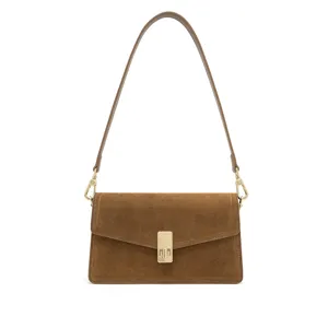 Retro brown suede shoulder bag for women, classic flap handbag with stylish metal lock clasp.
