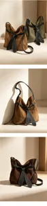 Detailed close-up view of the stylish suede shoulder bag showcasing unique belt knot design.