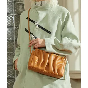 Dames Echt Leer Wolkentas Geplooid Casual Schoudertas Zacht Kleine Vierkante Handtas Mode Handtas