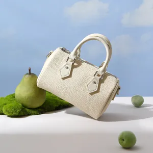 Women Boston Bag Genuine Leather Casual Minimalist Handbag Top Handle Crossbody Bag Small Cylinder Commuting Purse