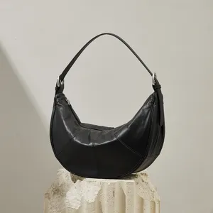 Women Genuine Leather Half Moon Bag Fashion Crescent Underarm Bag Large Capacity Casual Shoulder Crossbody Bag