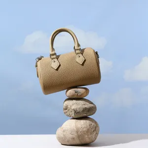 Genuine leather Boston handbag for women, casual minimalist top handle shoulder bag, beige.