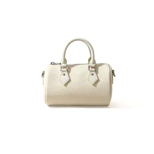 Stylish genuine leather mini boston handbag, casual solid color shoulder crossbody bag.