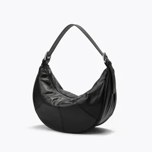 Genuine leather half moon shoulder bag, stylish casual black crescent underarm bag for women.