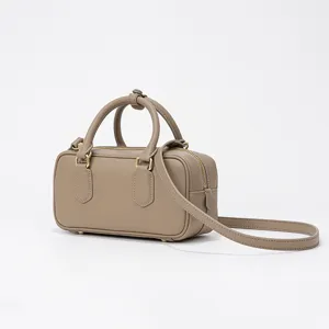 Women leather boston bag crossbody handbag chic taupe bowling bag casual stylish shoulder bag