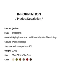 Product detail view showing material, dimensions, and specifications of leather bag.