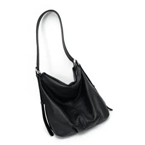Zwarte schoudertas van echt leer voor dames, grote casual hobo shopper handtas stijl.