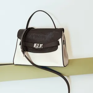 Top Layer Cowhide Commuter Handbag Women Color Block Flap Shoulder Crossbody Bag With Metal Lock Closure