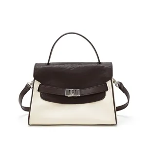 Stylish two-tone genuine leather top handle shoulder bag with flap and metal lock for women.