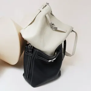 Genuine leather bucket bag women high-end luxury shoulder crossbody tote bag white black