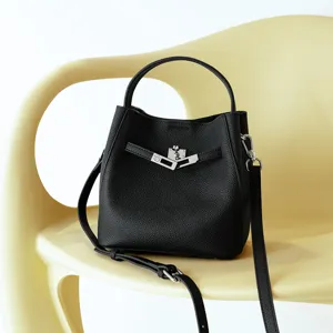 Damen Echtes Rindsleder Beuteltasche Hochwertige Pendler Handtasche Klassischer Schlossverschluss Umhängetasche