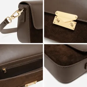 Sac à bandoulière en cuir marron pour femme avec rabat en daim et fermoir métallique.