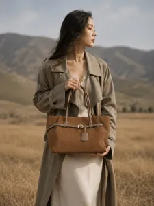 Retro brown suede leather tote bag for women, large capacity commuter shoulder handbag.