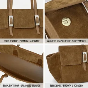 Brown suede leather hobo handbag featuring high-end hardware and magnetic closure.