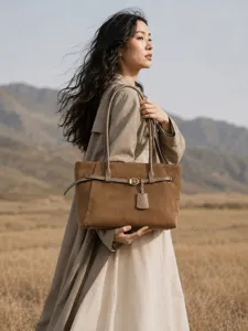 Vintage brown suede tote bag for women, large capacity shoulder bag with elegant buckle.