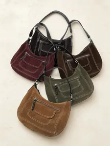 Stylish suede hobo shoulder bag for women, casual commuter tote bag with front zip pocket.