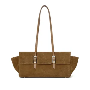 Brown suede shoulder bag for women, elegant hobo underarm bag with long straps and metal buckles.