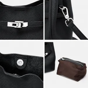 Schwarze Damen Beuteltasche aus echtem Leder, elegante Umhängetasche mit Schloss und Etui.