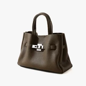 Sac à main bandoulière en cuir véritable, sac cabas élégant et classique marron pour femmes.