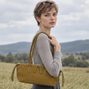 Vintage suède schoudertas voor dames, stijlvolle onderarm handtas, retro casual dagtas.