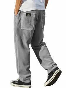 Pantalon Décontracté Rétro Américain pour Hommes en Velours Côtelé à Rayures Verticales Pantalon Droit Large Avec Broderie Étiquette Noire
