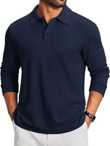 Men's dark blue long sleeve knit polo shirt detail view, casual slim fit top wear style.