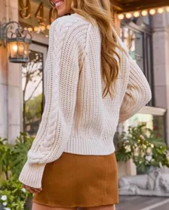 Elegante maglione donna trecce autunno inverno manica lunga collo alto beige caldo