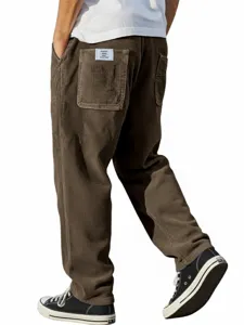 Men's casual corduroy trousers with straight fit and back pocket patch, stylish streetwear.