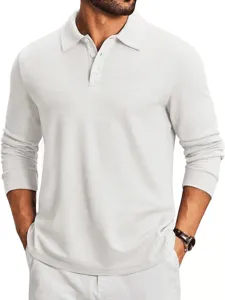 Knit texture close-up of men casual long sleeve polo shirt lapel button detail view.