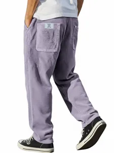 Men's corduroy casual pants loose straight leg vintage trousers with back pockets light purple