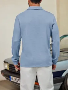 Men's casual long-sleeve knit polo shirt with turn-down collar in solid light blue.