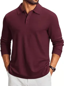 Detailed view of men's long sleeve polo shirt, solid color knit lapel top for autumn.