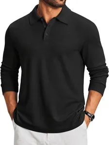 Detailed view of men's solid black long-sleeve polo shirt featuring a classic lapel collar.