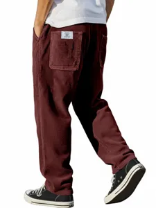 Men corduroy loose straight casual pants vintage style trousers with back pocket label