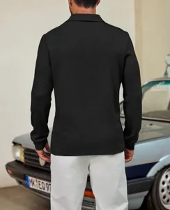 Men long-sleeve solid color lapel polo shirt casual knit base top for autumn winter wear.