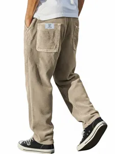 Men's casual corduroy pants loose straight leg trousers with back pockets and white label