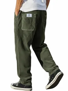 Men's casual corduroy pants loose straight leg vertical striped trousers with back pockets