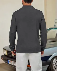 Men's solid color long sleeve polo shirt, casual lapel knit design, comfortable autumn top.