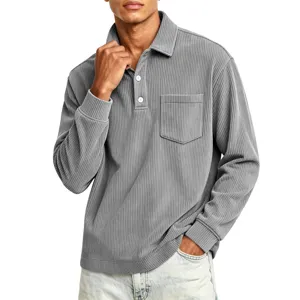 Men's corduroy long sleeve polo shirt, lapel collar, comfortable textured detail top.