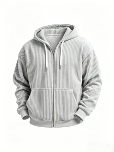 Men's Casual Hooded Zipper Hoodie Solid Color Vertical Stripe Loose Drop Shoulder Jacket Polyester Sweatshirt Top For Autumn