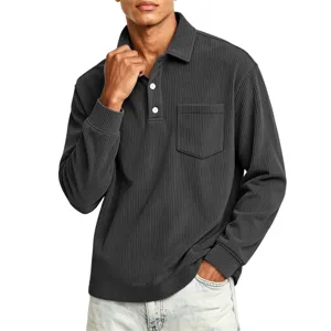 Men casual corduroy long sleeve polo shirt with chest pocket and turn down collar top