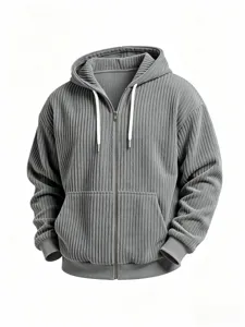 Men's casual corduroy zip hoodie solid color loose autumn winter outerwear with hood.